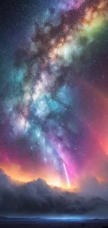 Vibrant galaxy wallpaper with rainbow hues and starry night sky.