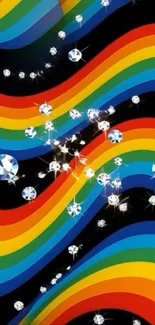 Rainbow stripes and sparkling gemstones on a dark background.