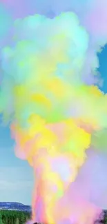 Vibrant rainbow-colored geyser eruption against a blue sky.