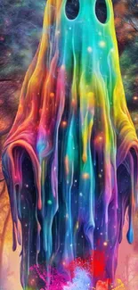 Vibrant rainbow ghost in mystical forest wallpaper.