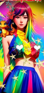 Vibrant rainbow-haired girl with colorful dragon and stars.