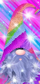 Vibrant rainbow gnome with sparkles and starry background on mobile wallpaper.