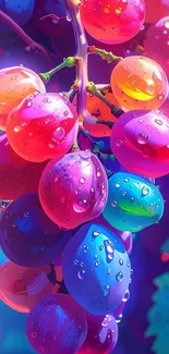 Vibrant grapes with rainbow colors and water droplets.