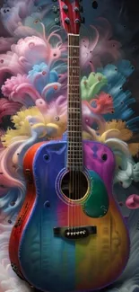 Rainbow guitar with colorful abstract swirl background.