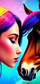 Woman with rainbow hair and a colorful horse in vibrant art wallpaper.