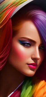 Colorful rainbow hair portrait wallpaper with vibrant art style.