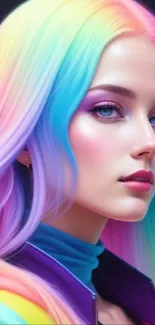 A vibrant mobile wallpaper featuring colorful rainbow hair art.