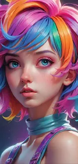 Colorful wallpaper of a stylized character with rainbow hair.