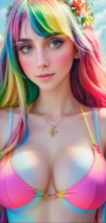 Colorful art of character with vibrant rainbow hair, enhancing phone screen aesthetics.