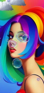 Artwork of a woman with vibrant rainbow hair and bubbles on a colorful background.