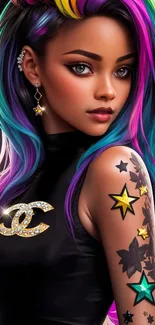 Vibrant artwork of woman with rainbow hair and star tattoos.