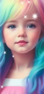 A child with vibrant rainbow-colored hair in a soft pastel portrait.