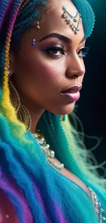 Woman with vibrant rainbow braids and teal background.