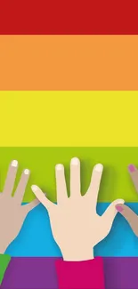 Diverse hands reaching up against a colorful rainbow background wallpaper.