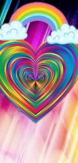 Vibrant rainbow heart with clouds.