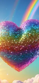 Colorful heart with rainbow and glitter in a sunny sky.