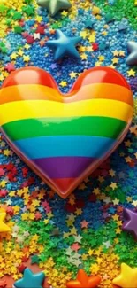 Colorful rainbow heart with star background.