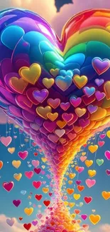 Vibrant rainbow heart with colorful floating hearts against a dreamy sky backdrop.