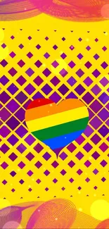 Mobile wallpaper with rainbow heart and a bright yellow background.