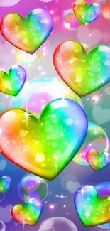 Vibrant wallpaper with rainbow colored hearts and sparkles.