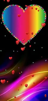 Colorful rainbow heart on black background with vibrant waves.