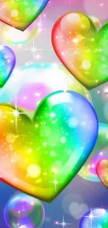 Colorful rainbow heart mobile wallpaper with sparkles.