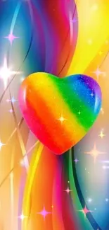 Colorful rainbow heart with sparkles on a vibrant background.