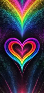 Vibrant rainbow heart with colorful gradient against a starry black background.