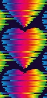 Vibrant rainbow heart glitch art wallpaper with colorful stripes.