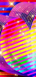 Vibrant 3D rainbow heart with sparkling effects on a colorful striped background.