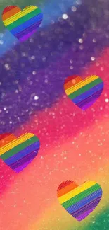 Vibrant rainbow hearts on a sparkling background