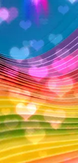 Colorful rainbow wallpaper with heart patterns and vibrant light effects.