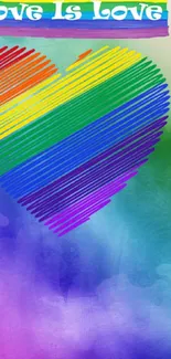 Rainbow heart with 'Love Is Love' text on colorful watercolor background.