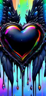 Heart wallpaper with rainbow colors and dramatic dark wings.