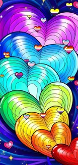 Vibrant rainbow hearts on a starry blue background.