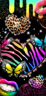 Vibrant mobile wallpaper with rainbow hearts, butterflies, and neon colors.