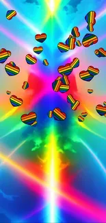 Vibrant rainbow wallpaper with colorful heart shapes.