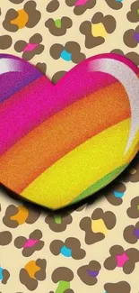 Vibrant rainbow heart with leopard print background wallpaper.