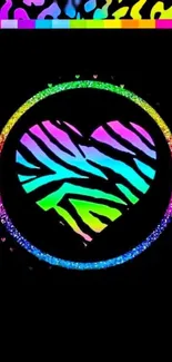 Rainbow zebra heart on black background, vibrant colors