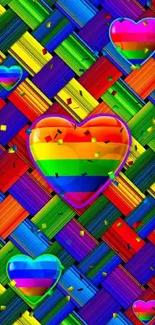 Vibrant rainbow heart wallpaper with colorful woven texture.