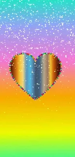 Vibrant rainbow gradient background with a metallic heart design.