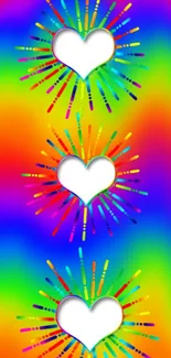 Vibrant rainbow color wallpaper with heart patterns and energetic bursts.