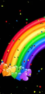 Colorful rainbow with hearts on black background.