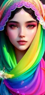 Artistic portrait of woman in rainbow hijab with flowers, vibrant phone wallpaper.