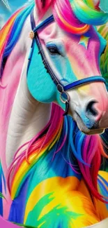 Colorful rainbow horse illustration with a vibrant, fantasy-inspired design.