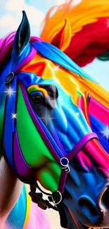 Vibrant rainbow horse with multicolored mane on a bright background.