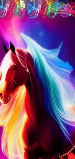 Vibrant horse with rainbow mane on purple background wallpaper.