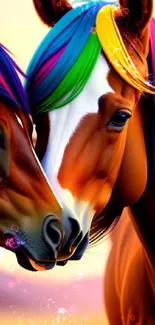 Stylized horses with rainbow manes in a vibrant, colorful artwork.