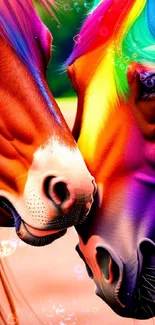 Vibrant rainbow horses mobile wallpaper with colorful design.