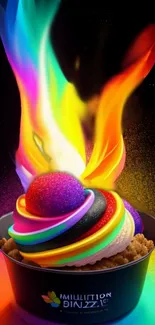 Vibrant rainbow ice cream with fiery flames on a black background.